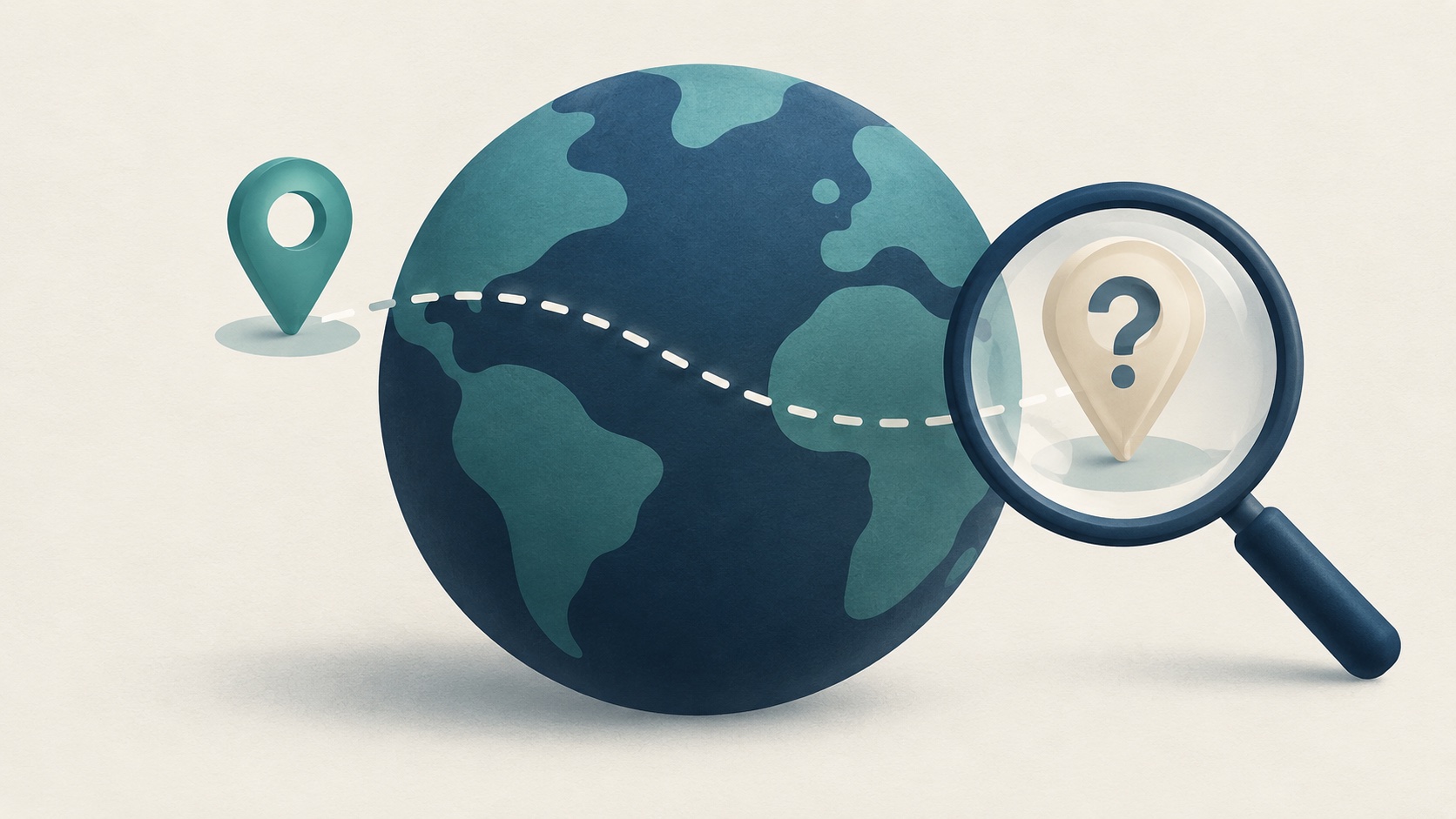 Conceptual illustration of a globe and two location pins being checked with a magnifying glass.