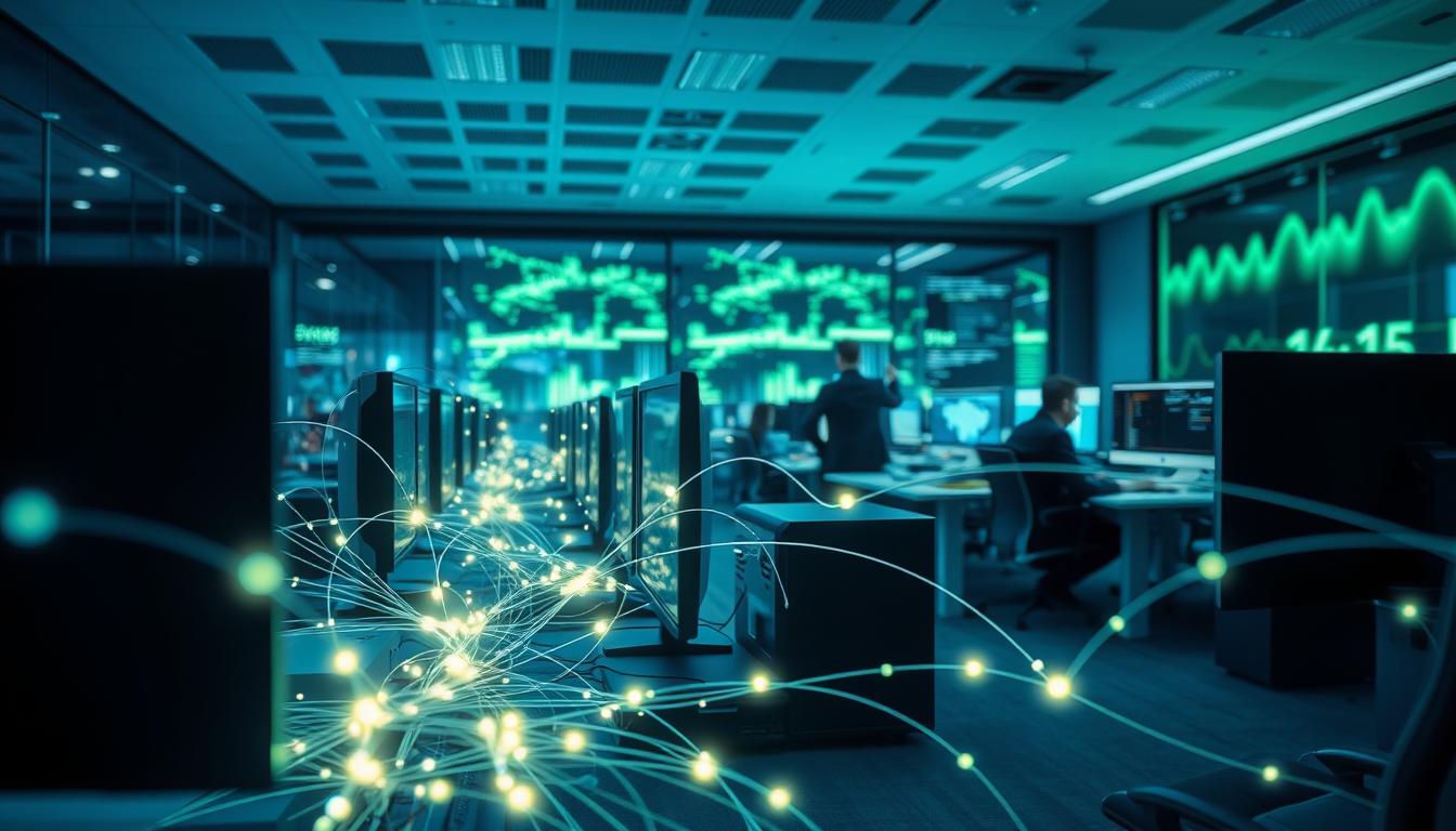 Conceptual illustration of connected office computers and network traffic monitoring.
